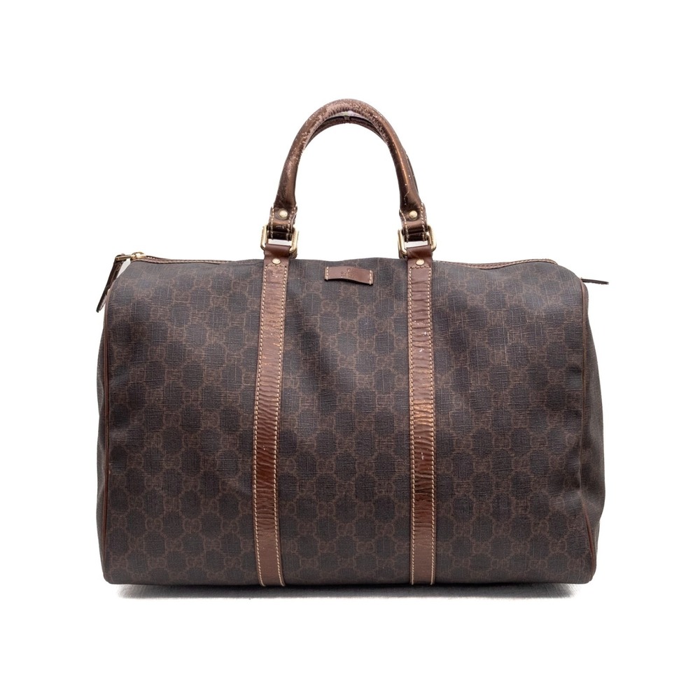 GUCCI Vintage GG Monogram Medium Brown Boston Canvas Leather‎ Bowling Travel Bag